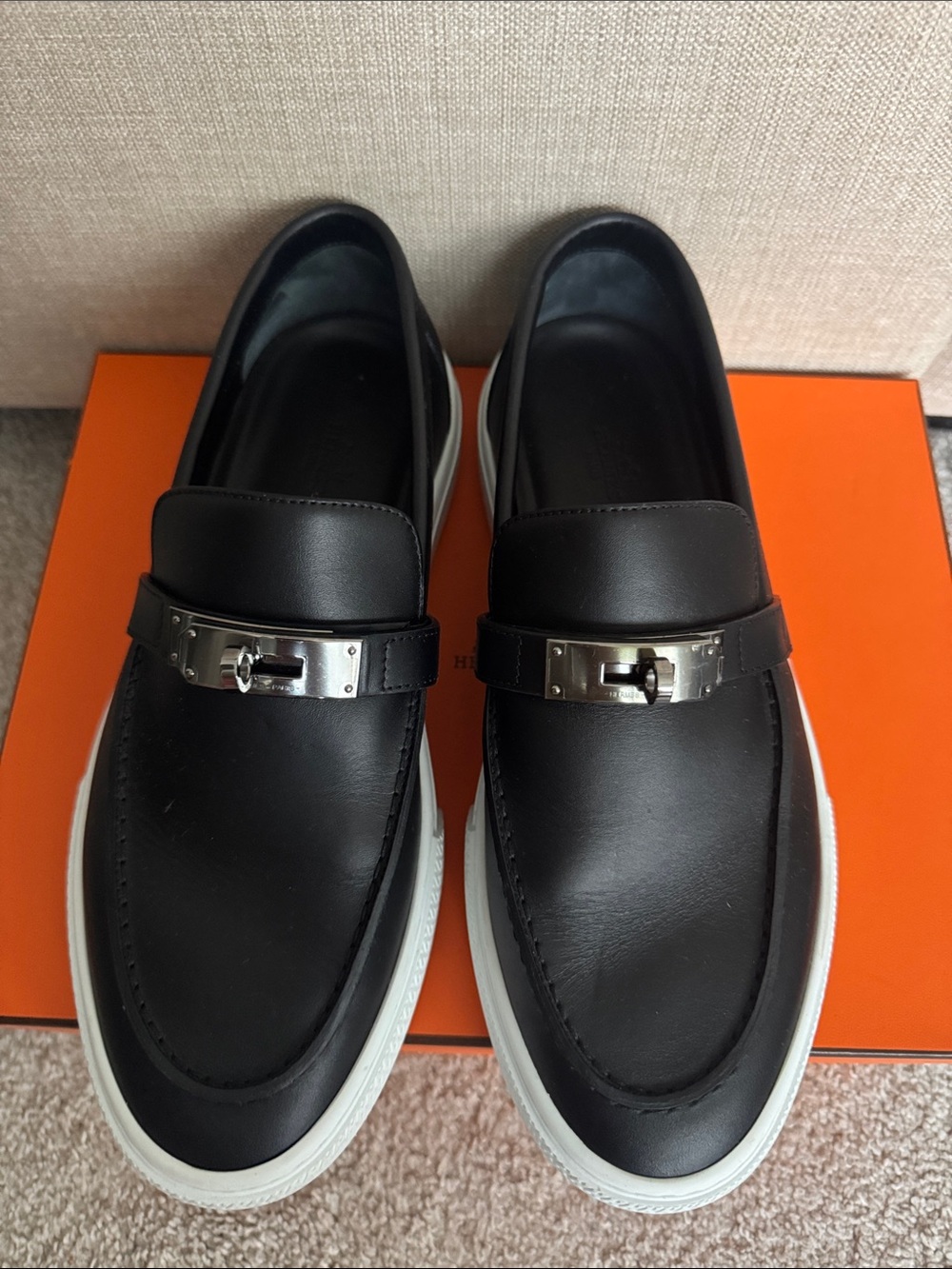 Hermes Black Leather Slip-On Loafers with Silver Hardware